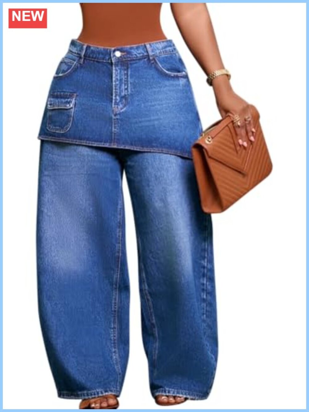 High Waist Wide Leg Cargo Jeans Overlay Skirt Patchwork Asymmetrical Denim Pants